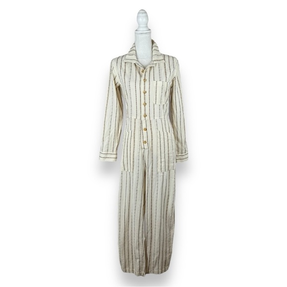 Free People Gia Jumpsuit in Neutral Ivory Tan  Stripe Long Sleeve Button Front - Picture 12 of 13